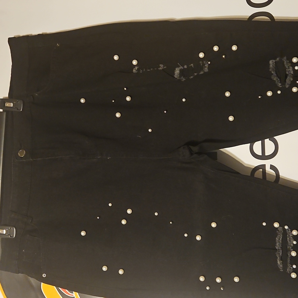 Black Distressed Pearl Embellished Denim Jeans - Plus Size 20W - Picture 2 of 4